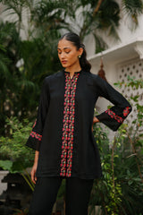 Multicolored Embroidered Black Suit Set with Organza Accents