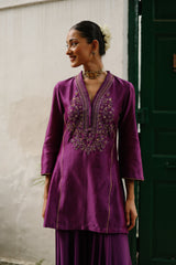 Wine Hand Embroidered Sharara Set