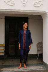 Embroidered Navy Blue Suit with Tulip Pants