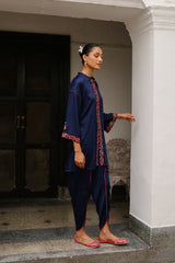 Embroidered Navy Blue Suit with Tulip Pants
