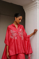 Strawberry Pink Embroidered Cape Set