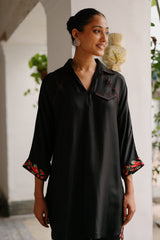 Black Top with Floral Embroidered Pants