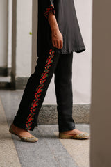 Black Top with Floral Embroidered Pants