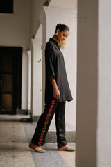 Black Top with Floral Embroidered Pants