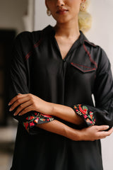 Black Top with Floral Embroidered Pants