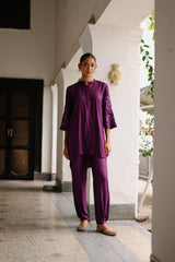 Floral Embroidered Wine Kurta Set