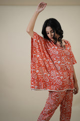 ORANGE JAIPUR PRINT KAFTAN SET