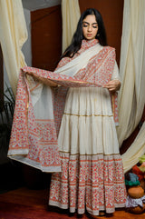 CREAM BLOCK PRINTED FRILLED ANARKALI