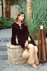 BROWN EMBROIDERED TOP WITH BROCADE PANTSUITS