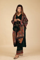 BOTTLE GREEN CRUSH SUIT WITH WOVEN CHANDERI DUPATTA