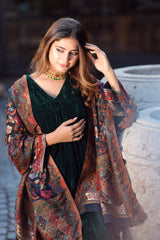 BOTTLE GREEN CRUSH SUIT WITH WOVEN CHANDERI DUPATTA