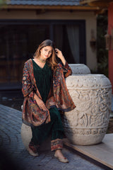 BOTTLE GREEN CRUSH SUIT WITH WOVEN CHANDERI DUPATTA