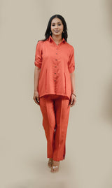 Seher Orange Linen Set with Embroidered Belt