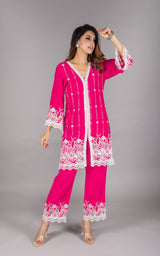 Hot Pink Embroidered Suit Set with Palazzos & Dupatta