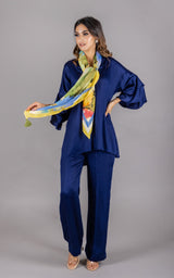 Flowy Navy Blue Co-ord Set with Scarf