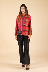 Pink-Red Striped Woolen Cape For Women- Inching India