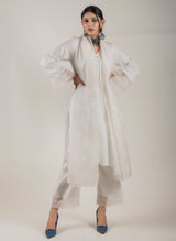 Cream Embroidered Suit Set with Organza Dupatta