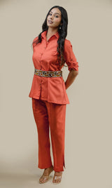 Seher Orange Linen Set with Embroidered Belt