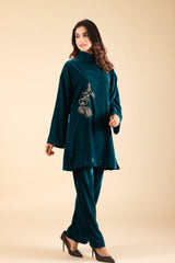 Teal Blue Embroidered Velvet Co-ord Set