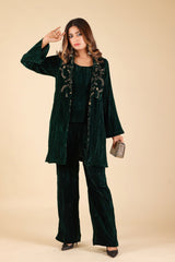 BOTTLE GREEN VELVET CAPE SET