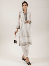 Cream Block Printed Suit with Dupatta