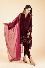 WINE VELVET SUIT WITH TULIP PANTS