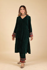 BOTTLE GREEN CRUSH SUIT WITH WOVEN CHANDERI DUPATTA