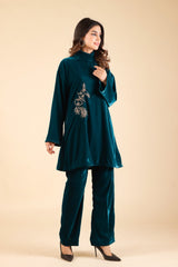 Teal Blue Embroidered Velvet Co-ord Set