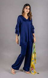 Flowy Navy Blue Co-ord Set with Scarf