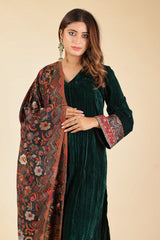 BOTTLE GREEN CRUSH SUIT WITH WOVEN CHANDERI DUPATTA