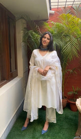 Cream Embroidered Suit Set with Organza Dupatta
