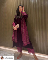 Wine Velvet Suit with Dupatta- Inching India