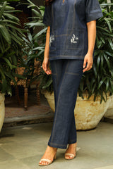 Denim Floral Embroidered Top For Women-inching india