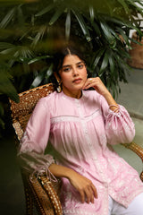 Pink Embroidered Top with White Linen Pants-inching india
