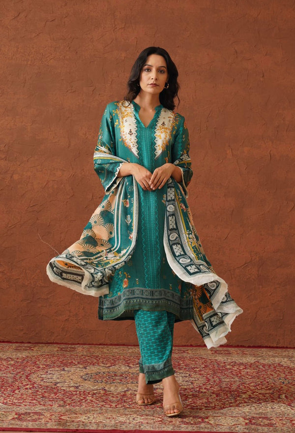 Teal Floral Print Suit with Contrast Dupatta