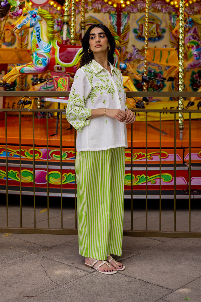 White Linen Cutwork Top with Green Striped Pants