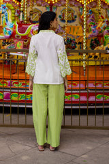 White Linen Cutwork Top with Green Striped Pants