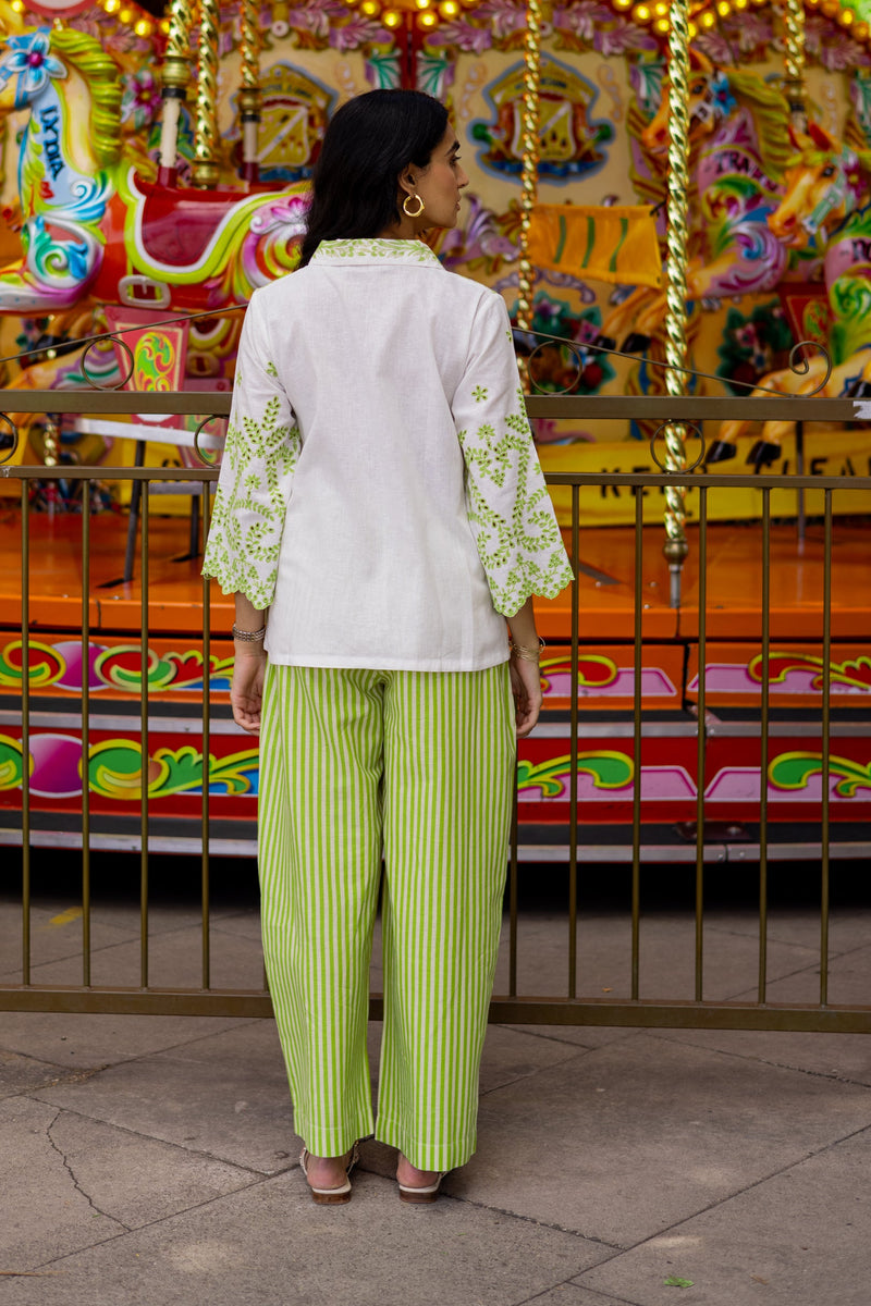 White Linen Cutwork Top with Green Striped Pants