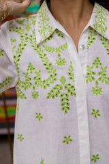 White Linen Cutwork Top with Green Striped Pants