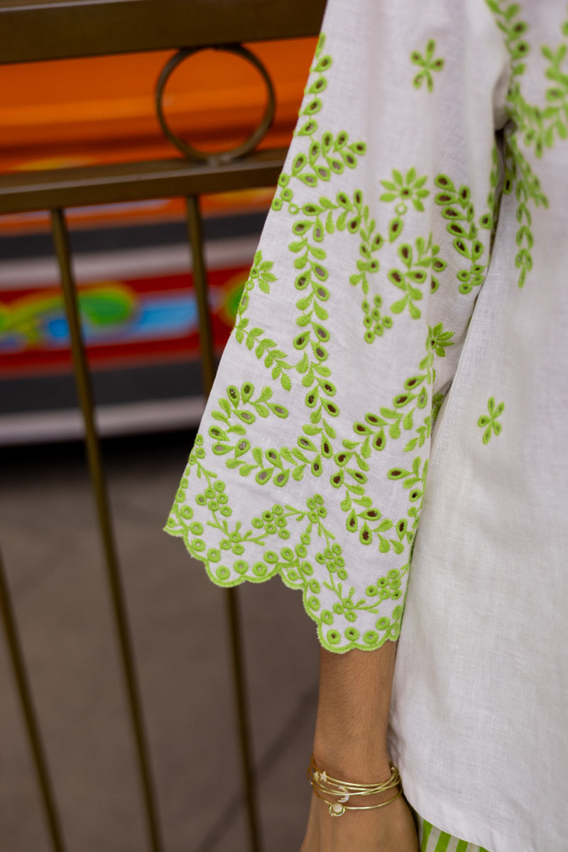 White Linen Cutwork Top with Green Striped Pants
