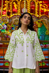 White Linen Cutwork Top with Green Striped Pants