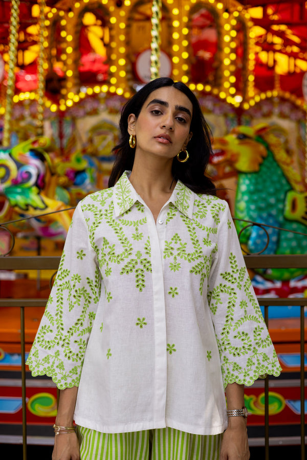 White Linen Cutwork Top with Green Striped Pants