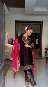 Black Velvet Embroidered Set with Contrast Pink Dupatta