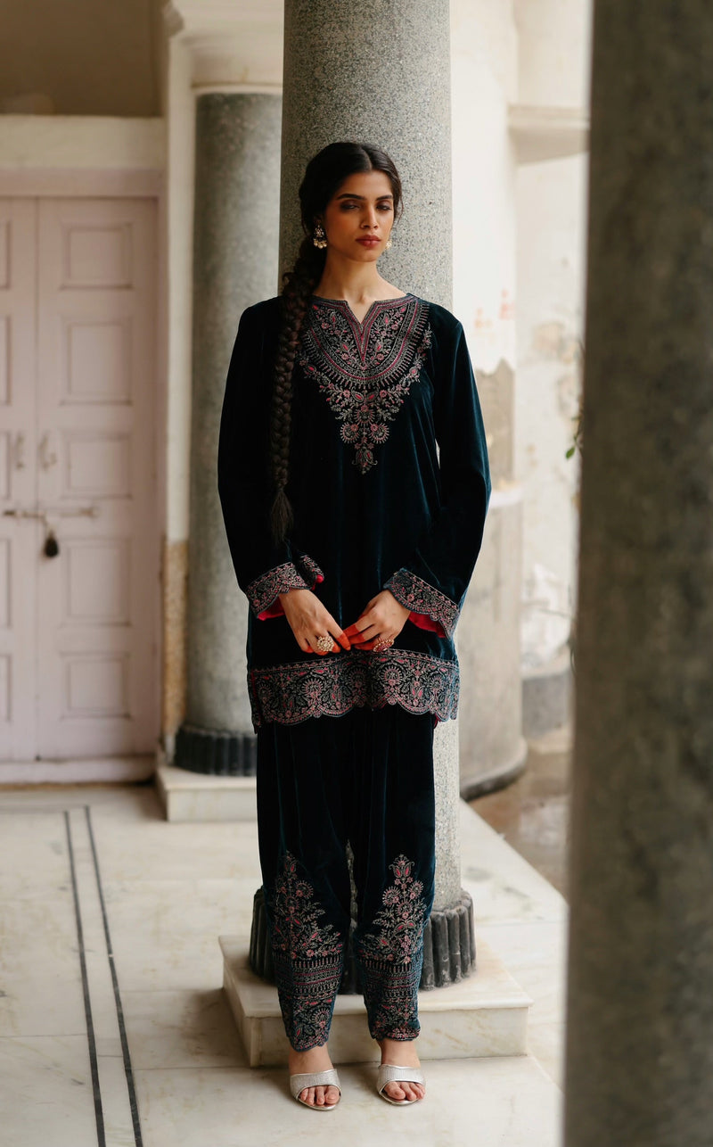 Teal Blue Velvet Embroidered Set with Contrast Wine Dupatta