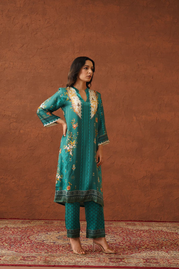 Teal Floral Print Suit with Contrast Dupatta