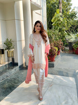 Noor Cream Embroidered Set with Organza Dupatta- Inching India