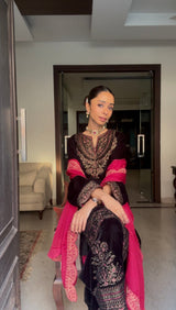 Black Velvet Embroidered Set with Contrast Pink Dupatta