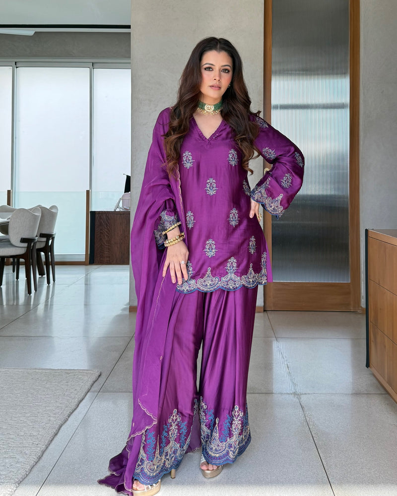 Meher Wine Embroidered Farshi Set with Dupatta