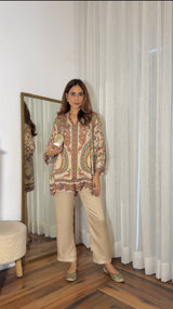 Beige Printed Crepe Set- Inchingindia