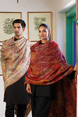 Deep red and beige woven shawls laid out together for couples